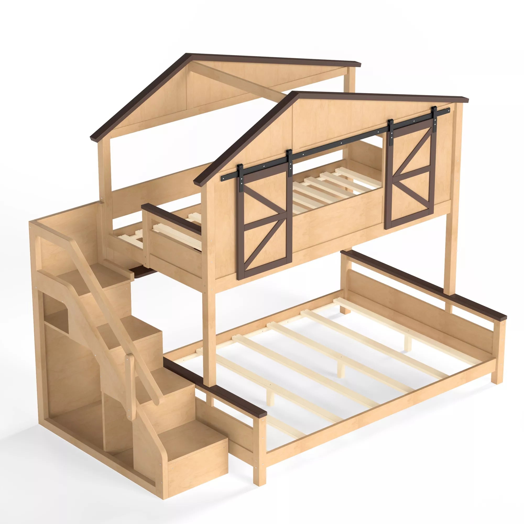 Bellemave® Twin Over Full House Bunk Bed with Storage Stairs and Shelves, Playhouse Bed for Kids & Teens - Bellemave