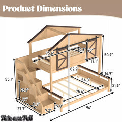 Bellemave® Twin Over Full House Bunk Bed with Storage Stairs and Shelves, Playhouse Bed for Kids & Teens - Bellemave
