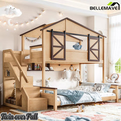 Bellemave® Twin Over Full House Bunk Bed with Storage Stairs and Shelves, Playhouse Bed for Kids & Teens - Bellemave