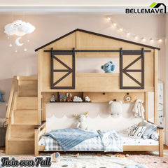 Bellemave® Twin Over Full House Bunk Bed with Storage Stairs and Shelves, Playhouse Bed for Kids & Teens - Bellemave