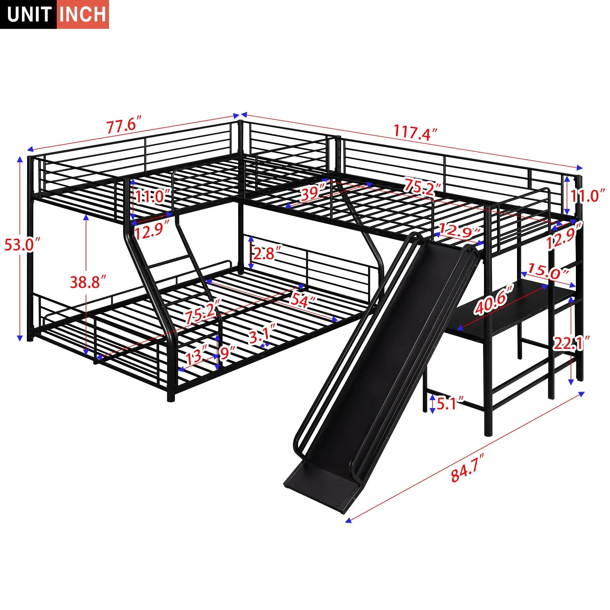 Bellemave® Twin over Full L - Shaped Bunk Bed with Twin Size Loft Bed,Built - in Desk and Slide - Bellemave