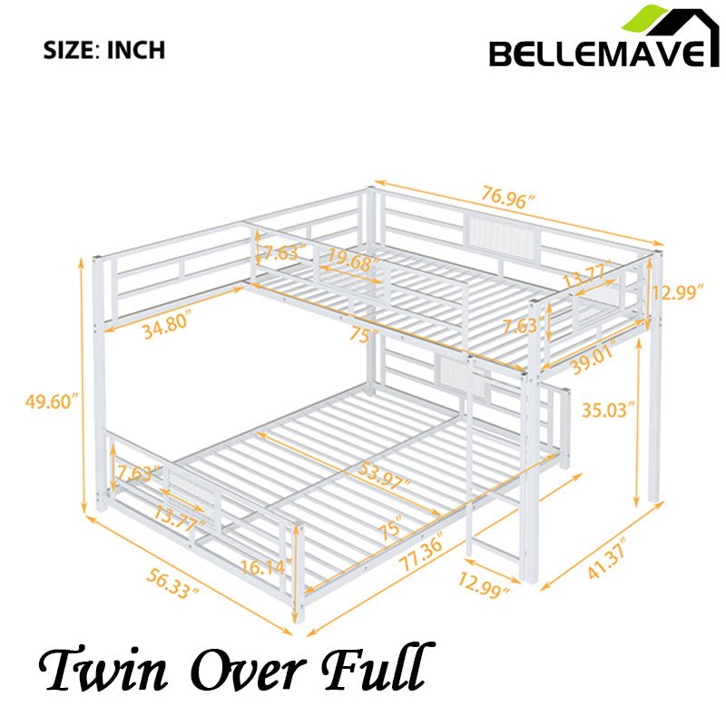 Bellemave® Twin over Full L - shaped Metal Bunk Bed - Bellemave