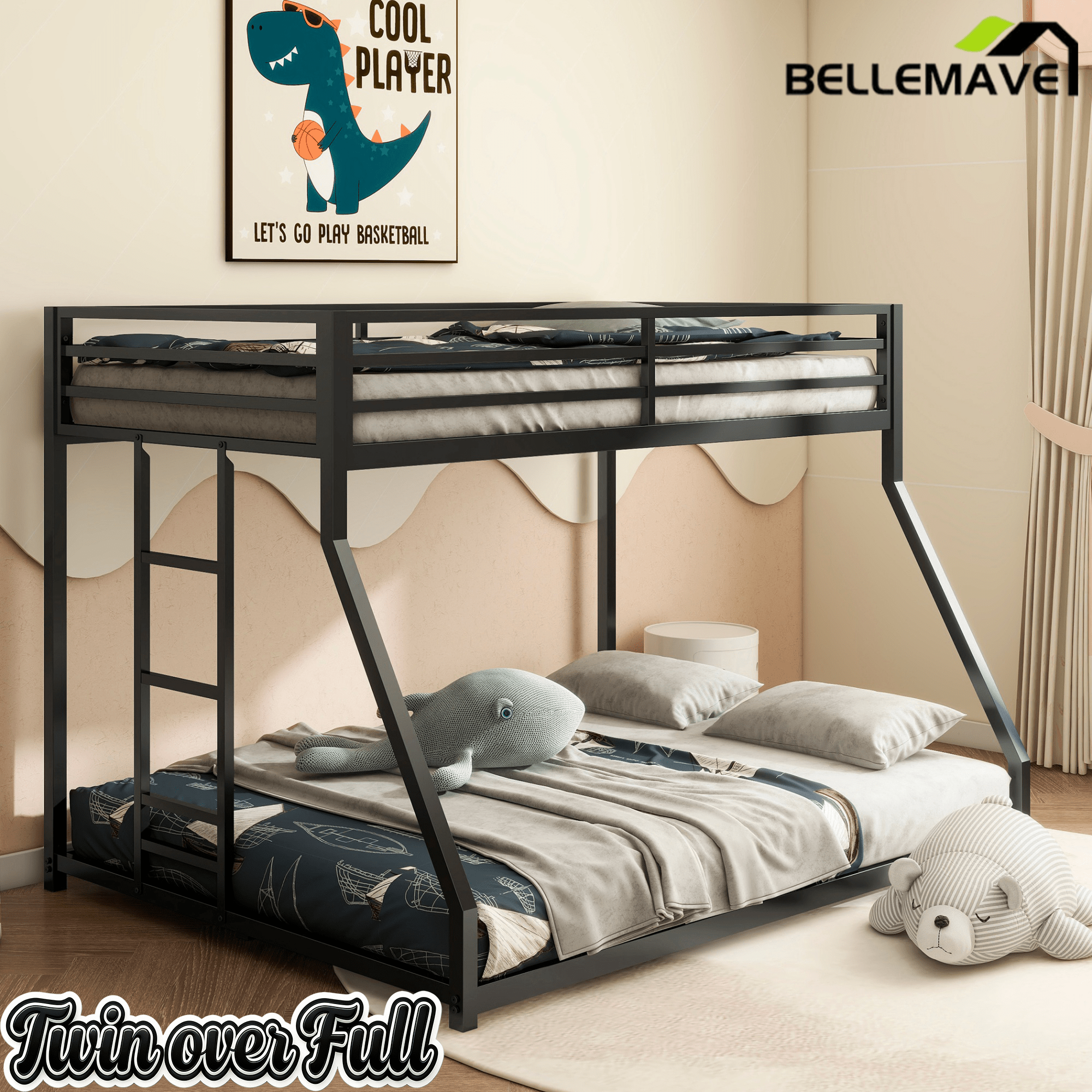 Bellemave® Twin Over Full Metal Bunk Bed Frame with Ladder Full - Length Safety Guardrails,No Spring Box Required - Bellemave