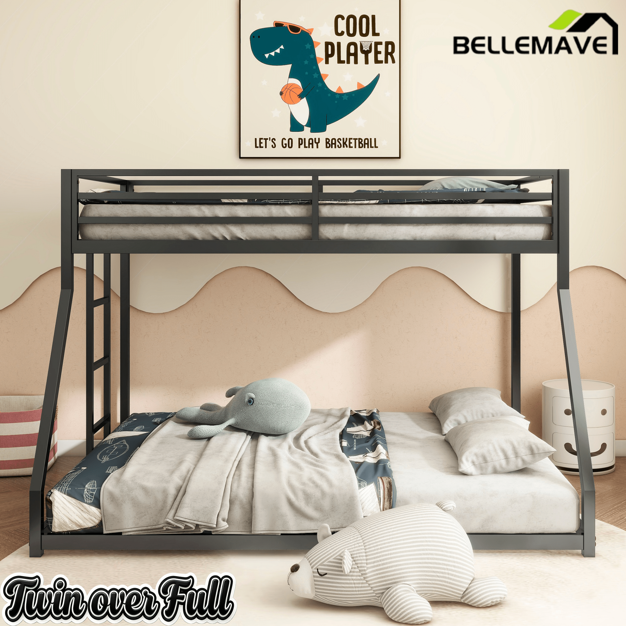 Bellemave® Twin Over Full Metal Bunk Bed Frame with Ladder Full - Length Safety Guardrails,No Spring Box Required - Bellemave