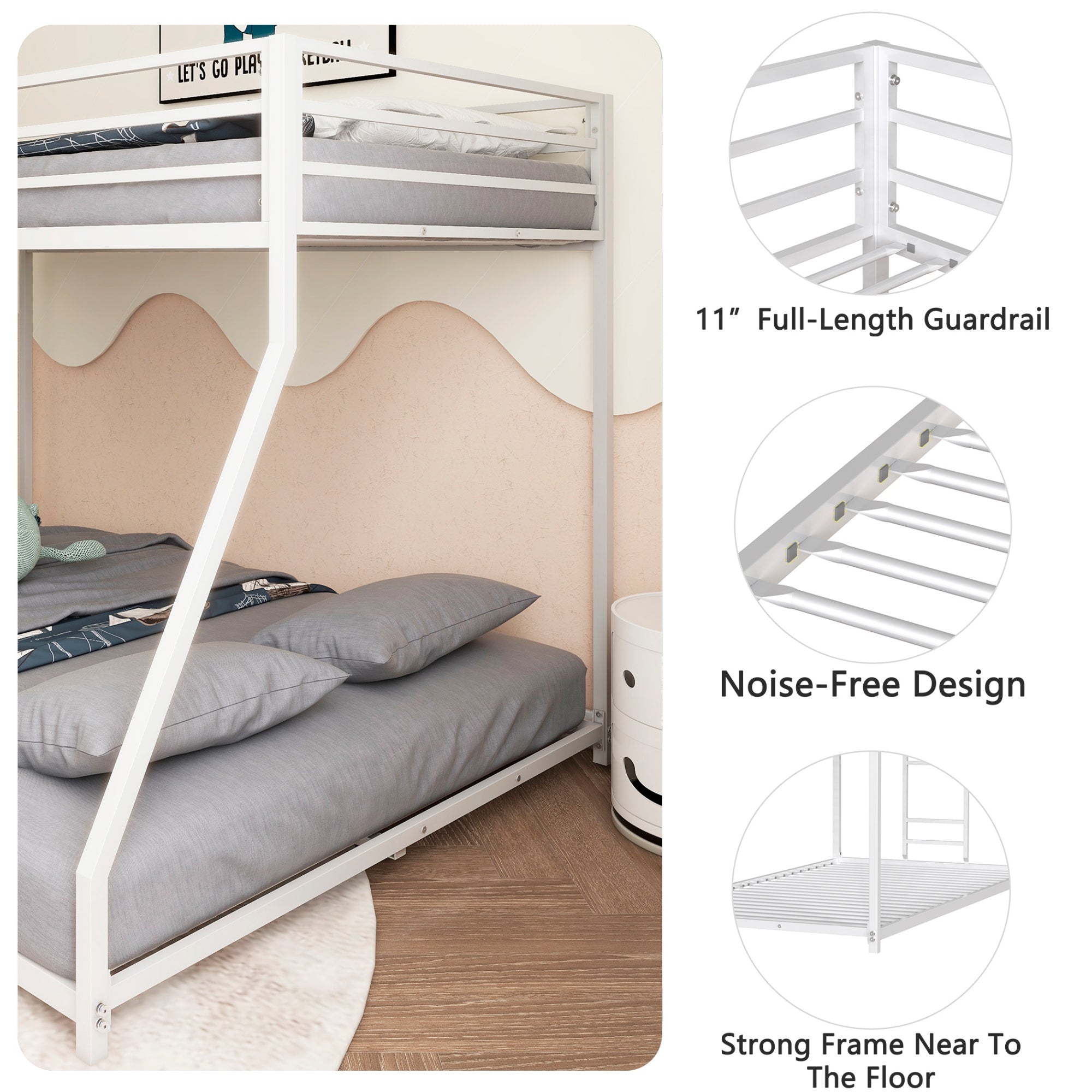 Bellemave® Twin Over Full Metal Bunk Bed Frame with Ladder Full - Length Safety Guardrails,No Spring Box Required, White - Bellemave