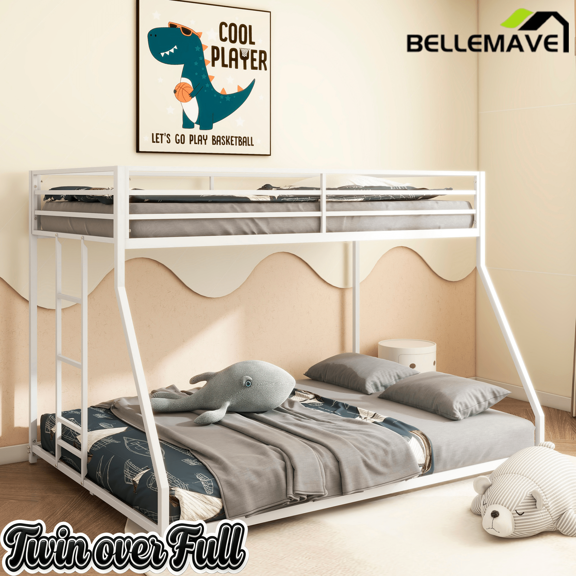 Bellemave® Twin Over Full Metal Bunk Bed Frame with Ladder Full - Length Safety Guardrails,No Spring Box Required, White - Bellemave
