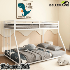 Bellemave® Twin Over Full Metal Bunk Bed Frame with Ladder Full - Length Safety Guardrails,No Spring Box Required, White - Bellemave