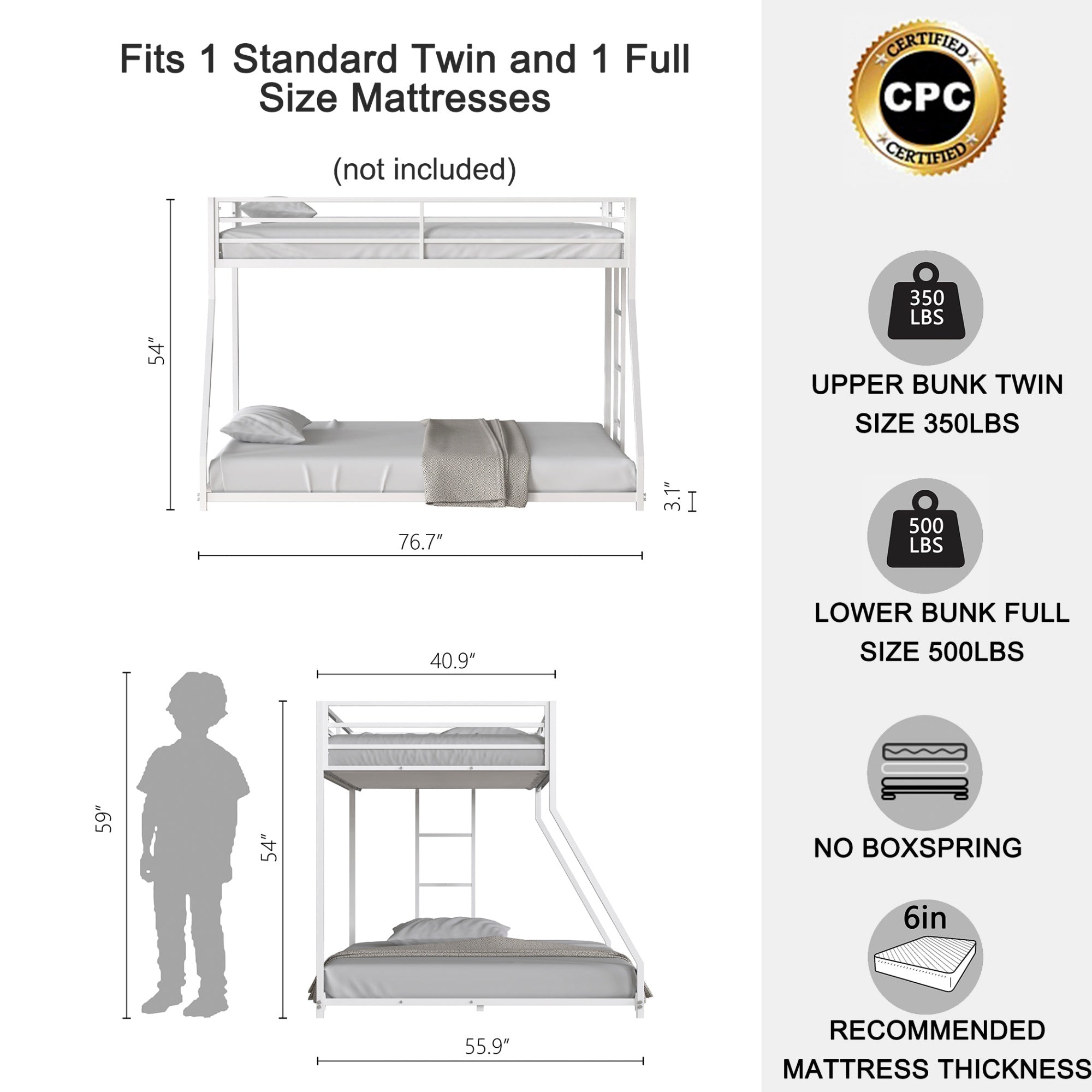 Bellemave® Twin Over Full Metal Bunk Bed Frame with Ladder Full - Length Safety Guardrails,No Spring Box Required, White - Bellemave