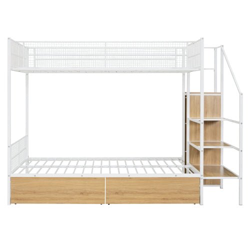 Bellemave® Twin Over Full Metal Bunk Bed with 2 Drawers and Lateral Storage Ladder and Wardrobe - Bellemave