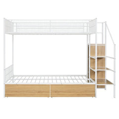Bellemave® Twin Over Full Metal Bunk Bed with 2 Drawers and Lateral Storage Ladder and Wardrobe - Bellemave