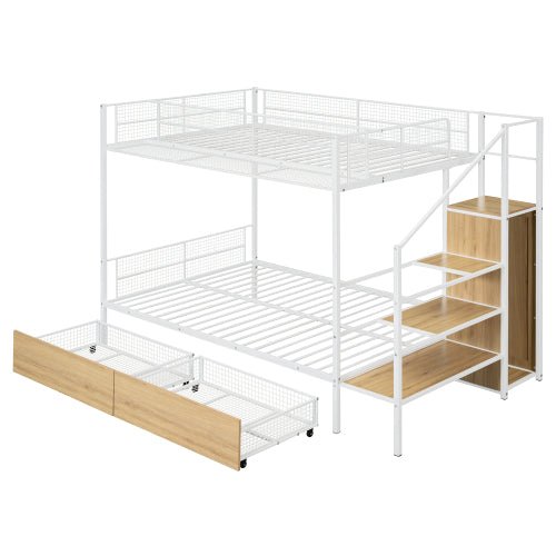 Bellemave® Twin Over Full Metal Bunk Bed with 2 Drawers and Lateral Storage Ladder and Wardrobe - Bellemave