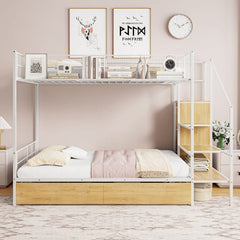 Bellemave® Twin Over Full Metal Bunk Bed with 2 Drawers and Lateral Storage Ladder and Wardrobe - Bellemave