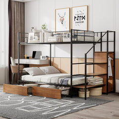 Bellemave® Twin Over Full Metal Bunk Bed with 2 Drawers and Lateral Storage Ladder and Wardrobe - Bellemave