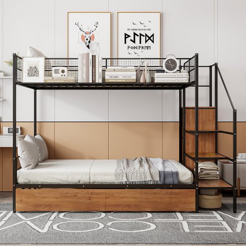 Bellemave® Twin Over Full Metal Bunk Bed with 2 Drawers and Lateral Storage Ladder and Wardrobe - Bellemave