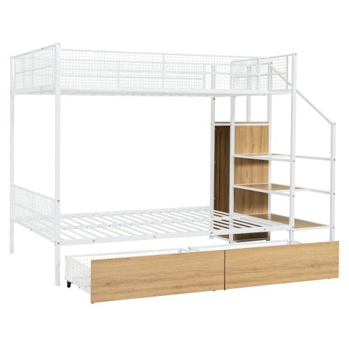 Bellemave® Twin Over Full Metal Bunk Bed with 2 Drawers and Lateral Storage Ladder and Wardrobe - Bellemave