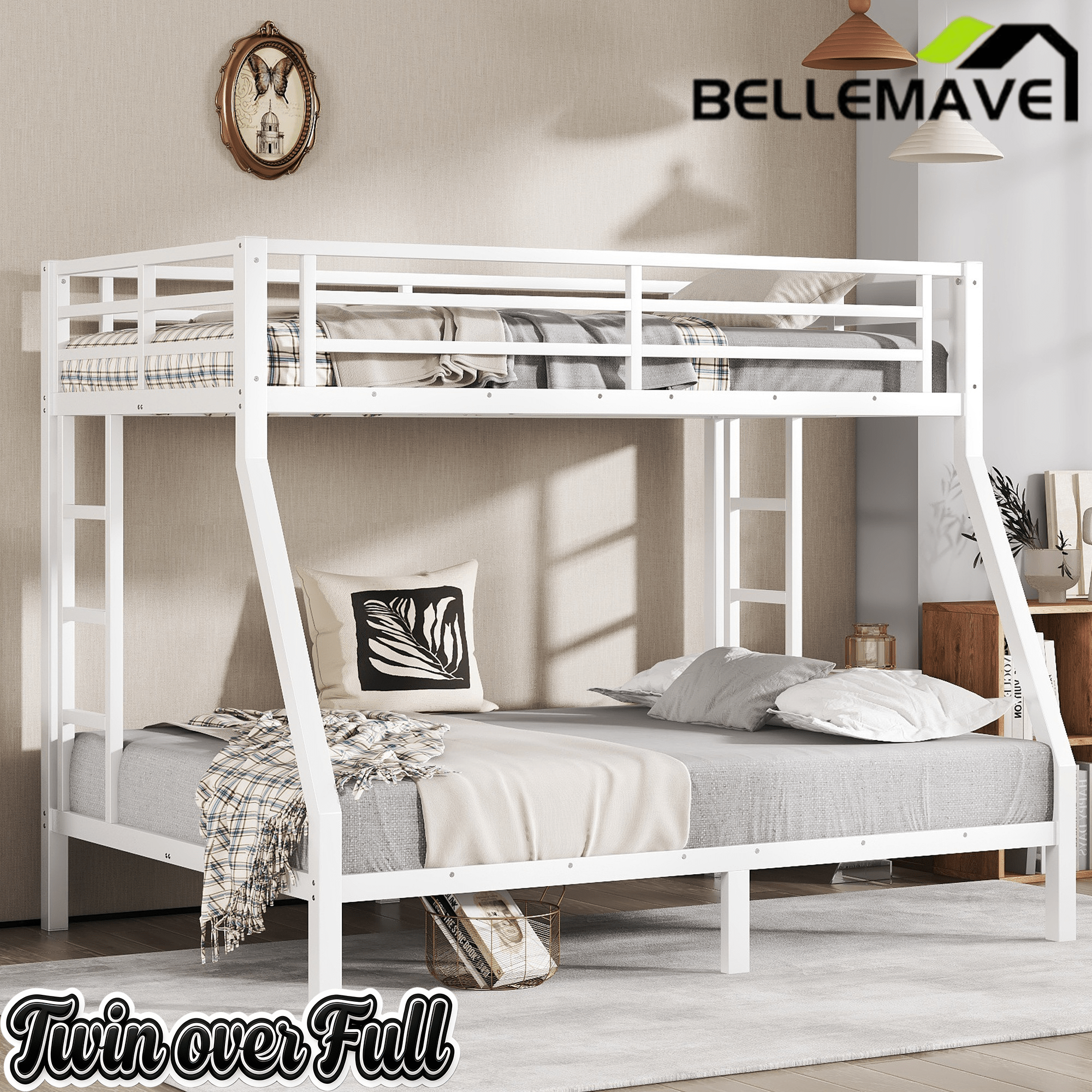 Bellemave® Twin Over Full Metal Bunk Bed with Ladder, Guardrail & Metal Slats for Adults & Teens, No Box Spring Required, White - Bellemave