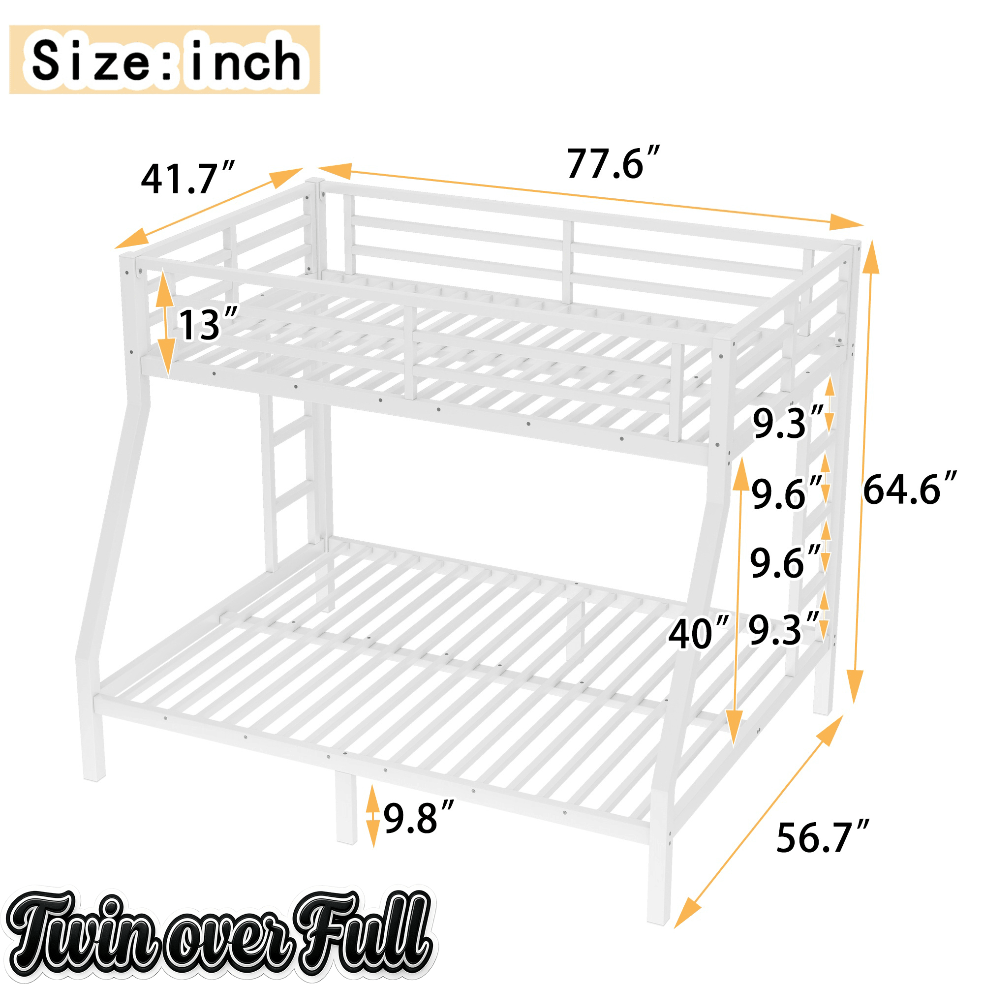 Bellemave® Twin Over Full Metal Bunk Bed with Ladder, Guardrail & Metal Slats for Adults & Teens, No Box Spring Required, White - Bellemave
