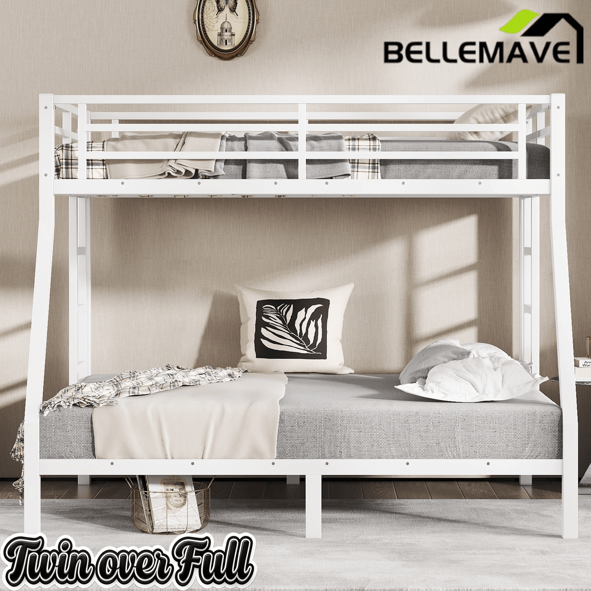 Bellemave® Twin Over Full Metal Bunk Bed with Ladder, Guardrail & Metal Slats for Adults & Teens, No Box Spring Required, White - Bellemave