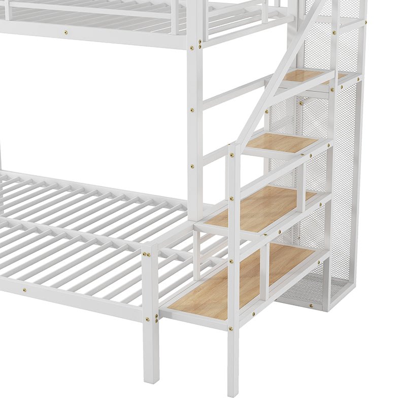 Bellemave® Twin over Full Metal Bunk Bed with Storage Staircase and Open Wardrobe - Bellemave