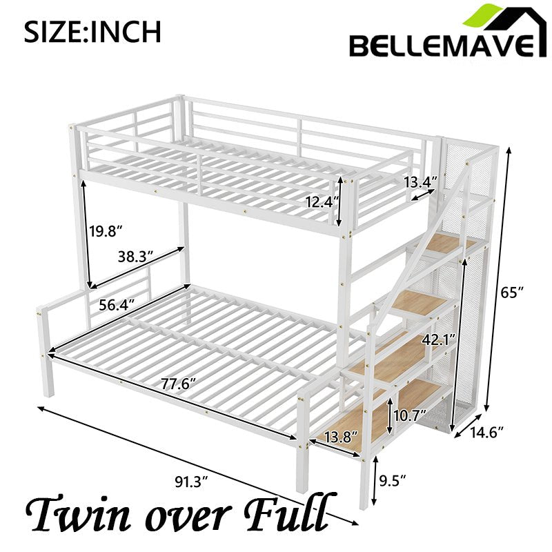 Bellemave® Twin over Full Metal Bunk Bed with Storage Staircase and Open Wardrobe - Bellemave