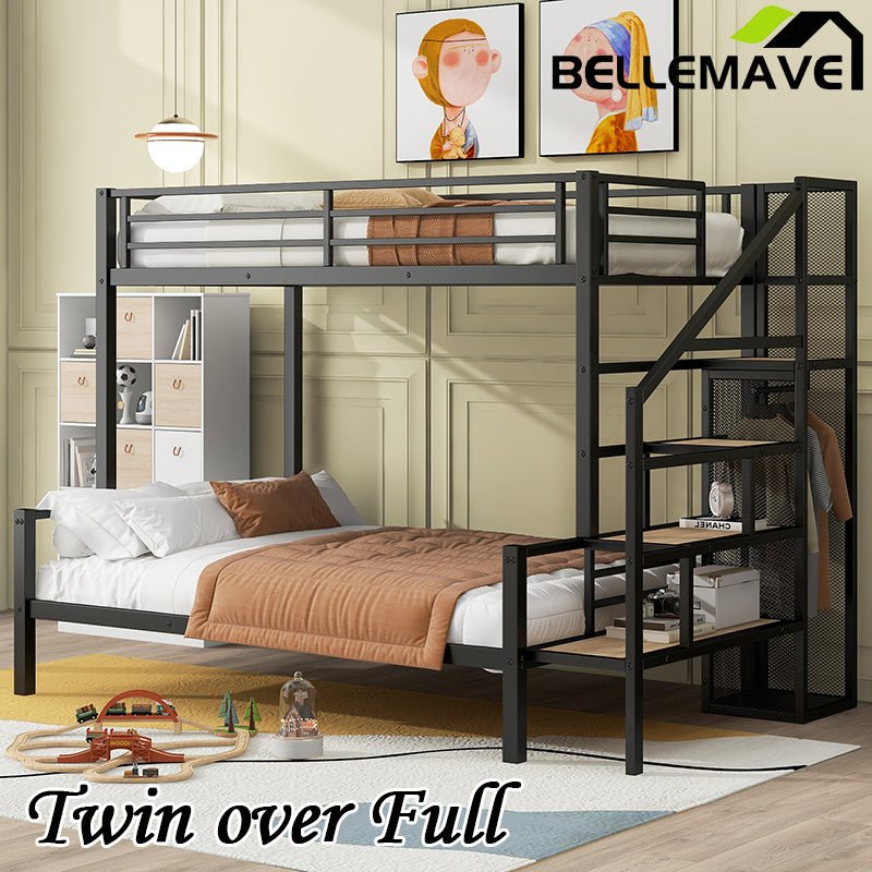Bellemave® Twin over Full Metal Bunk Bed with Storage Staircase and Open Wardrobe - Bellemave