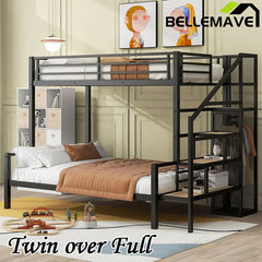 Bellemave® Twin over Full Metal Bunk Bed with Storage Staircase and Open Wardrobe - Bellemave
