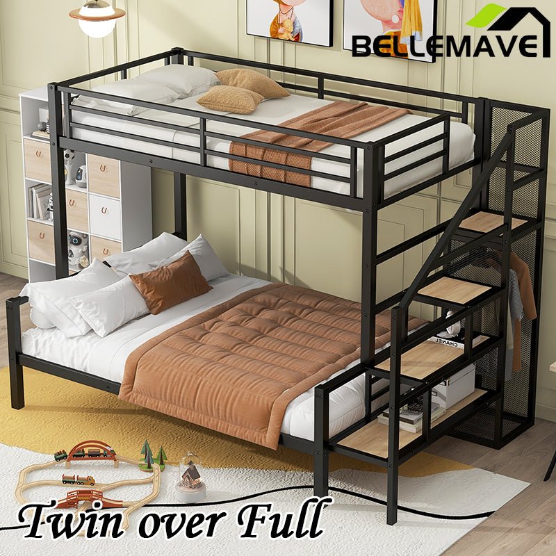 Bellemave® Twin over Full Metal Bunk Bed with Storage Staircase and Open Wardrobe - Bellemave