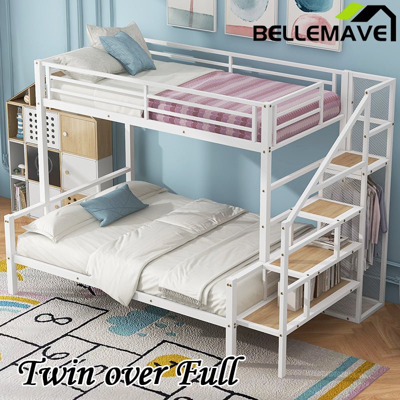 Bellemave® Twin over Full Metal Bunk Bed with Storage Staircase and Open Wardrobe - Bellemave