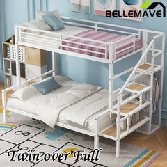 Bellemave® Twin over Full Metal Bunk Bed with Storage Staircase and Open Wardrobe - Bellemave