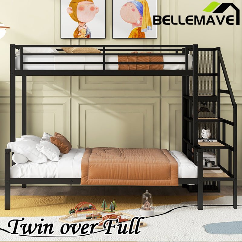 Bellemave® Twin over Full Metal Bunk Bed with Storage Staircase and Open Wardrobe - Bellemave