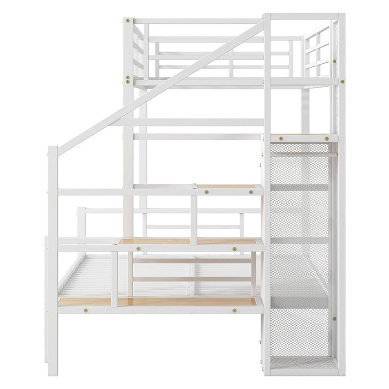 Bellemave® Twin over Full Metal Bunk Bed with Storage Staircase and Open Wardrobe - Bellemave