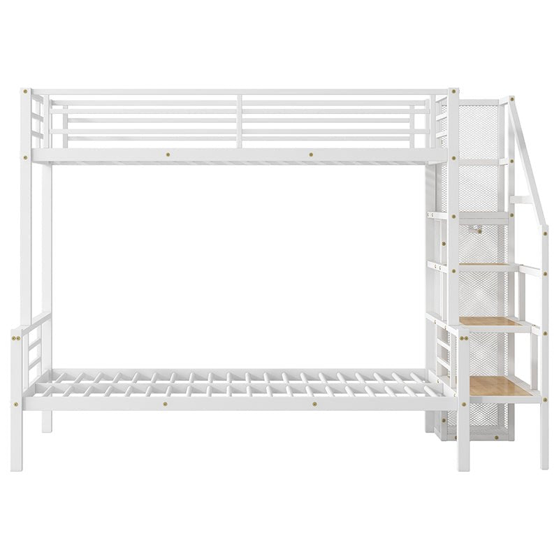 Bellemave® Twin over Full Metal Bunk Bed with Storage Staircase and Open Wardrobe - Bellemave