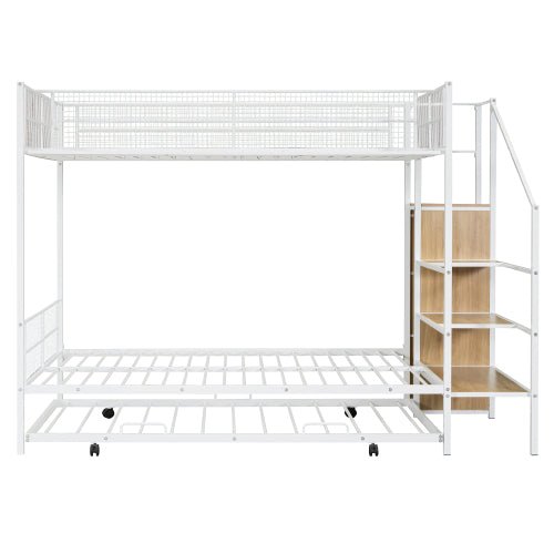 Bellemave® Twin Over Full Metal Bunk Bed with Trundle and Lateral Storage Ladder and Wardrobe - Bellemave