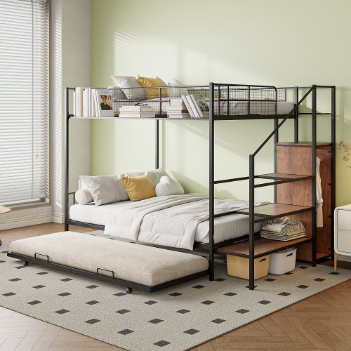 Bellemave® Twin Over Full Metal Bunk Bed with Trundle and Lateral Storage Ladder and Wardrobe - Bellemave