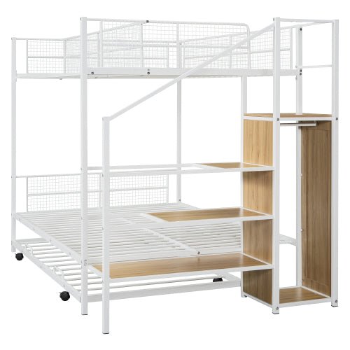 Bellemave® Twin Over Full Metal Bunk Bed with Trundle and Lateral Storage Ladder and Wardrobe - Bellemave