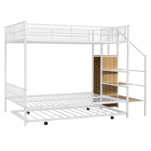 Bellemave® Twin Over Full Metal Bunk Bed with Trundle and Lateral Storage Ladder and Wardrobe - Bellemave