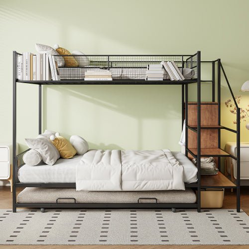 Bellemave® Twin Over Full Metal Bunk Bed with Trundle and Lateral Storage Ladder and Wardrobe - Bellemave