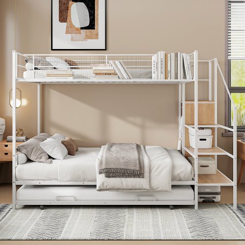 Bellemave® Twin Over Full Metal Bunk Bed with Trundle and Lateral Storage Ladder and Wardrobe - Bellemave