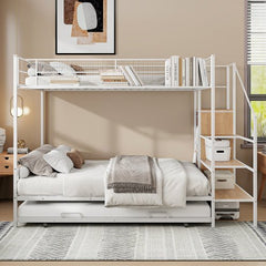 Bellemave® Twin Over Full Metal Bunk Bed with Trundle and Lateral Storage Ladder and Wardrobe - Bellemave