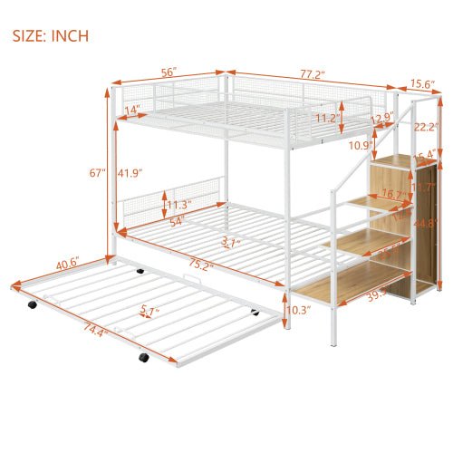 Bellemave® Twin Over Full Metal Bunk Bed with Trundle and Lateral Storage Ladder and Wardrobe - Bellemave