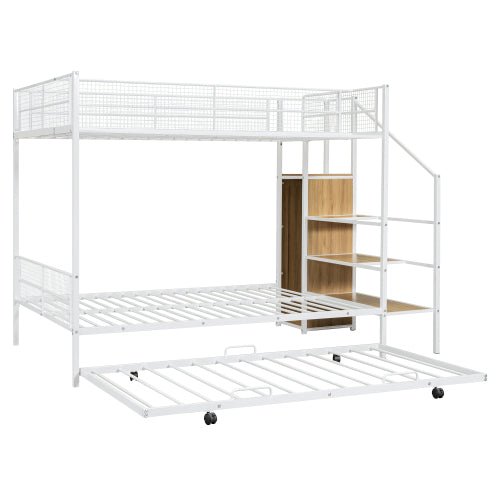 Bellemave® Twin Over Full Metal Bunk Bed with Trundle and Lateral Storage Ladder and Wardrobe - Bellemave