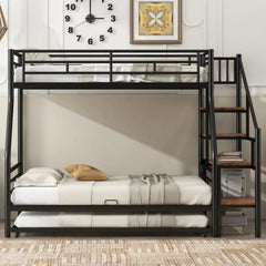 Bellemave® Twin Over Full Metal Bunk Bed with Trundle and Storage Staircase - Bellemave