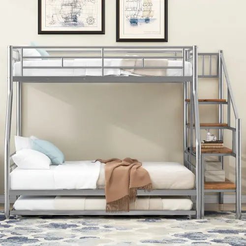 Bellemave® Twin Over Full Metal Bunk Bed with Trundle and Storage Staircase - Bellemave