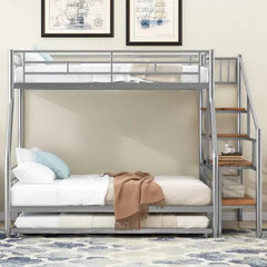 Bellemave® Twin Over Full Metal Bunk Bed with Trundle and Storage Staircase - Bellemave