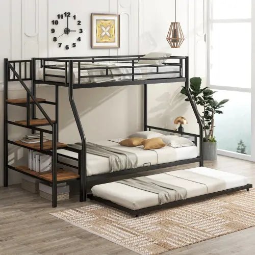 Bellemave® Twin Over Full Metal Bunk Bed with Trundle and Storage Staircase - Bellemave