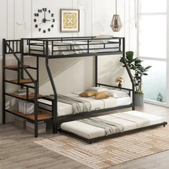 Bellemave® Twin Over Full Metal Bunk Bed with Trundle and Storage Staircase - Bellemave