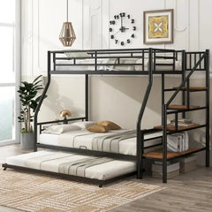 Bellemave® Twin Over Full Metal Bunk Bed with Trundle and Storage Staircase - Bellemave