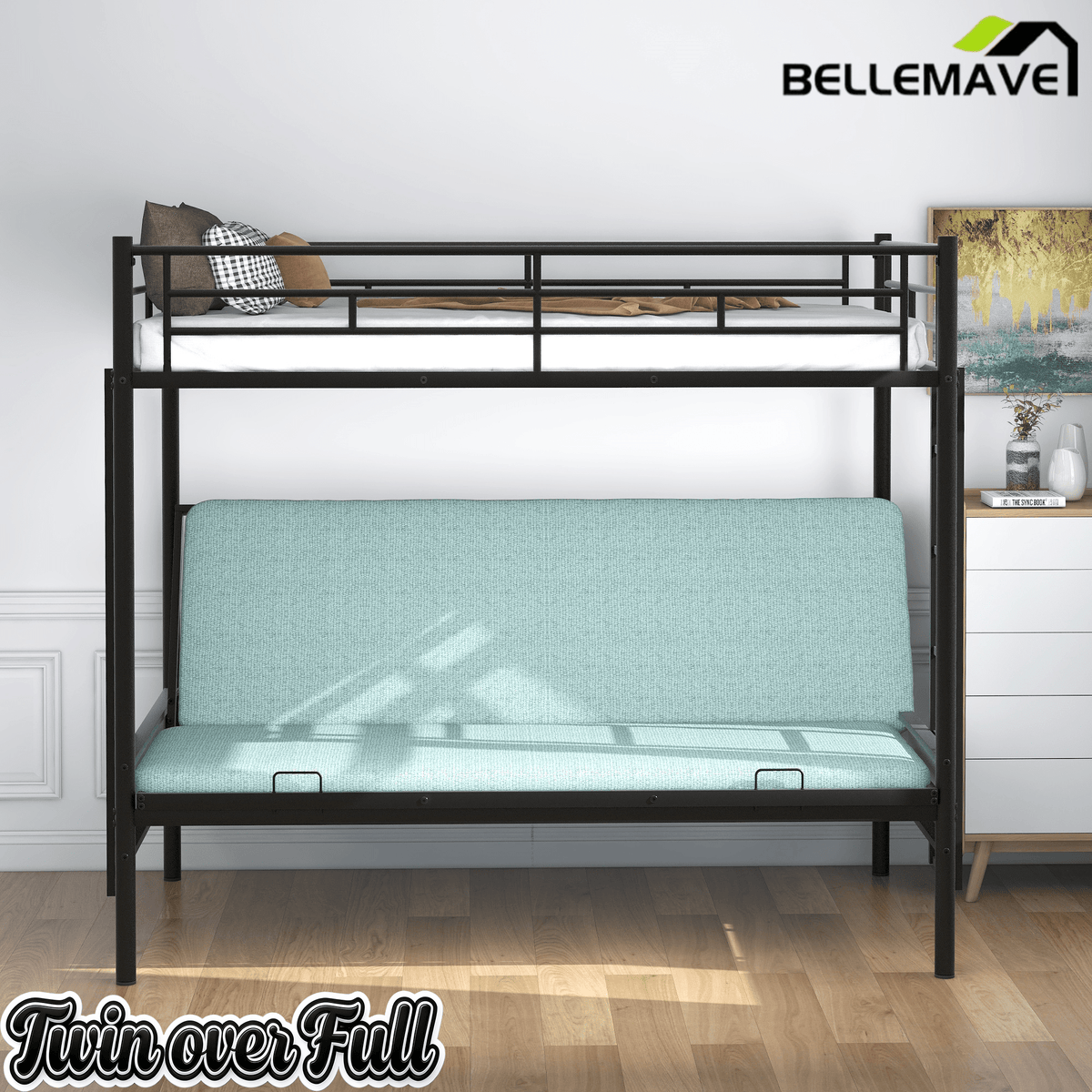 Bellemave Twin Over Full Metal Bunk Bed with Two Side Ladders & Guardrail, Bottom Full Size Bunk Bed Can be Converted into Futon/Seat(Black) - Bellemave