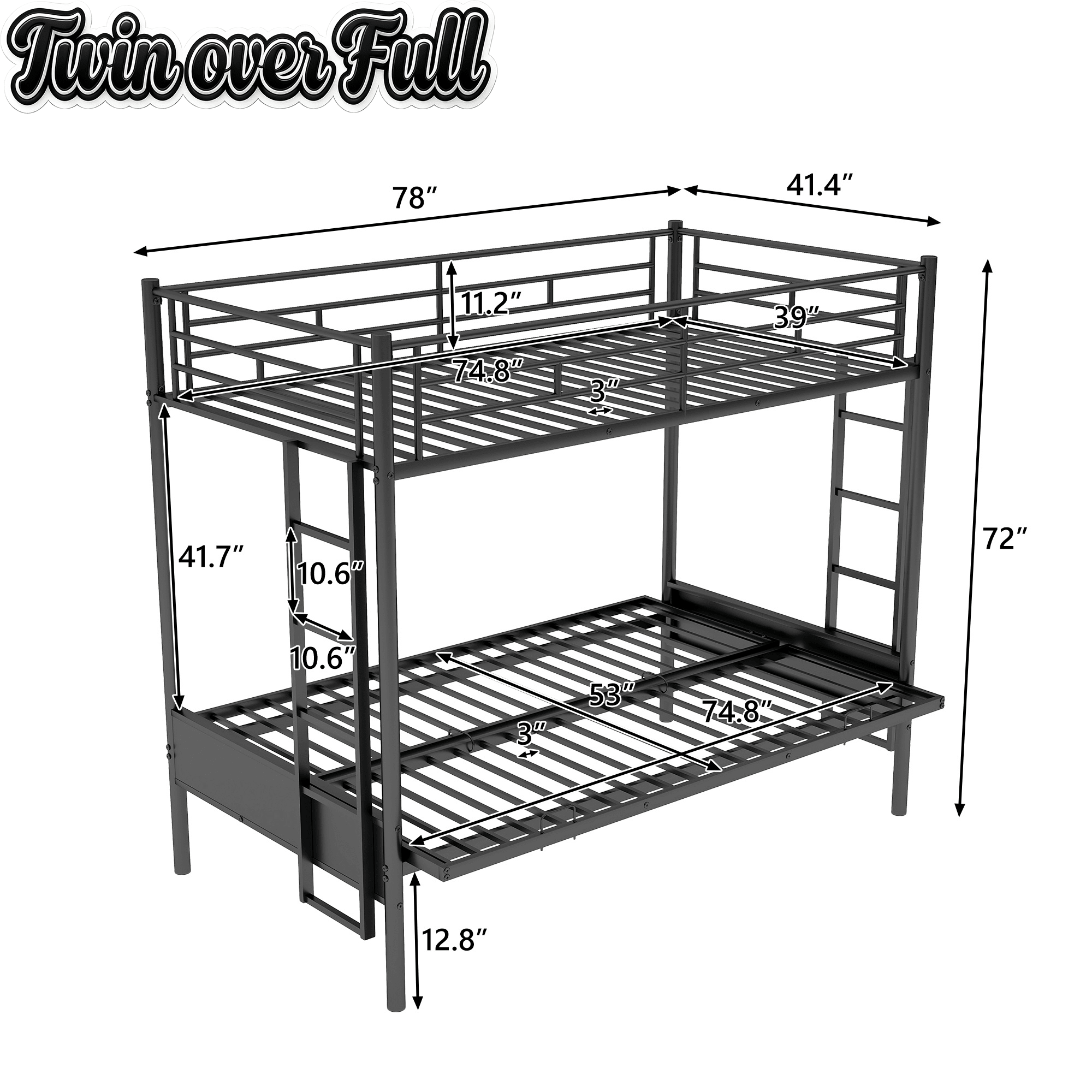 Bellemave Twin Over Full Metal Bunk Bed with Two Side Ladders & Guardrail, Bottom Full Size Bunk Bed Can be Converted into Futon/Seat(Black) - Bellemave