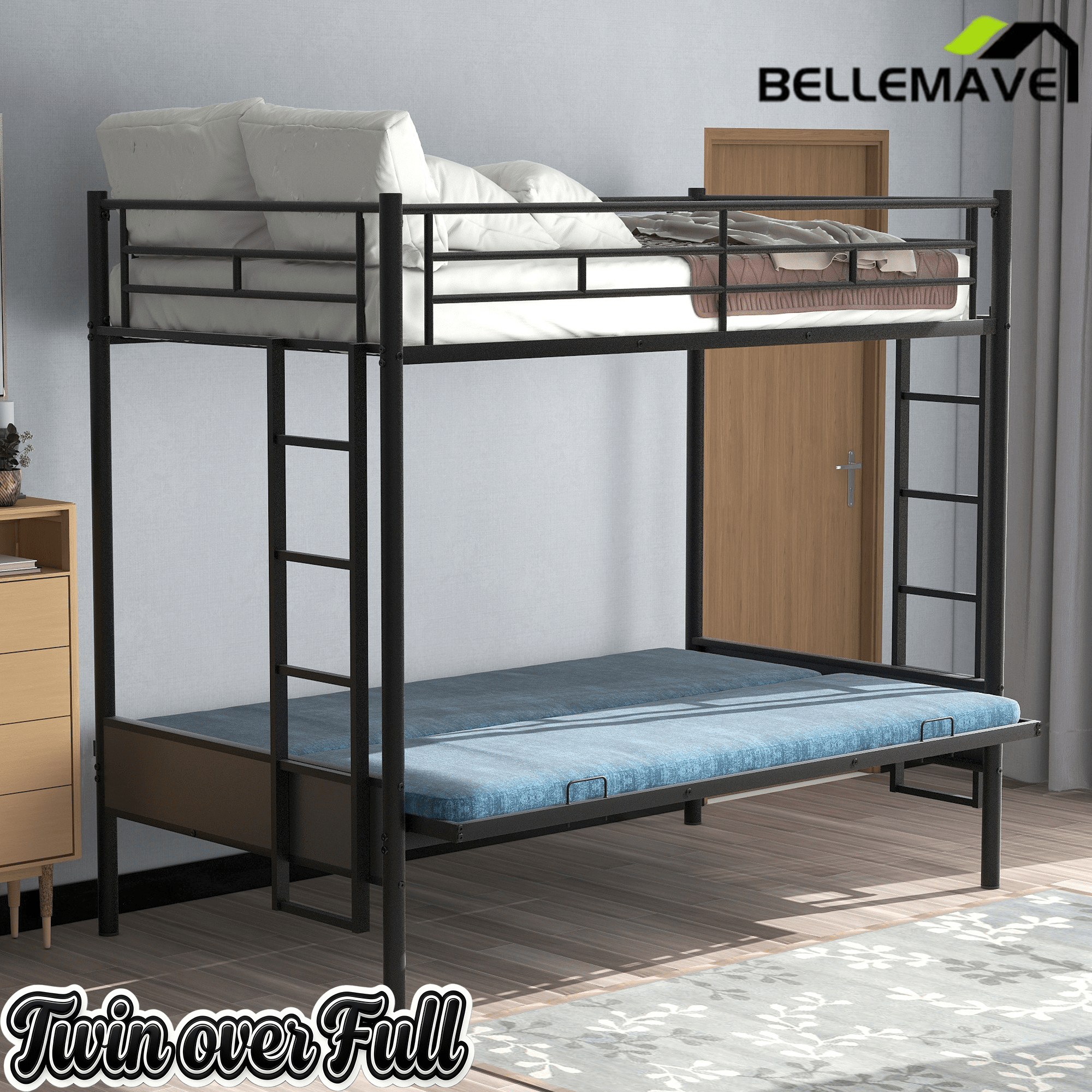Bellemave Twin Over Full Metal Bunk Bed with Two Side Ladders & Guardrail, Bottom Full Size Bunk Bed Can be Converted into Futon/Seat(Black) - Bellemave